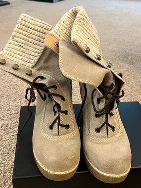 Women’s Beige Suede Lace-Up Ankle Boots with Knit Cuff